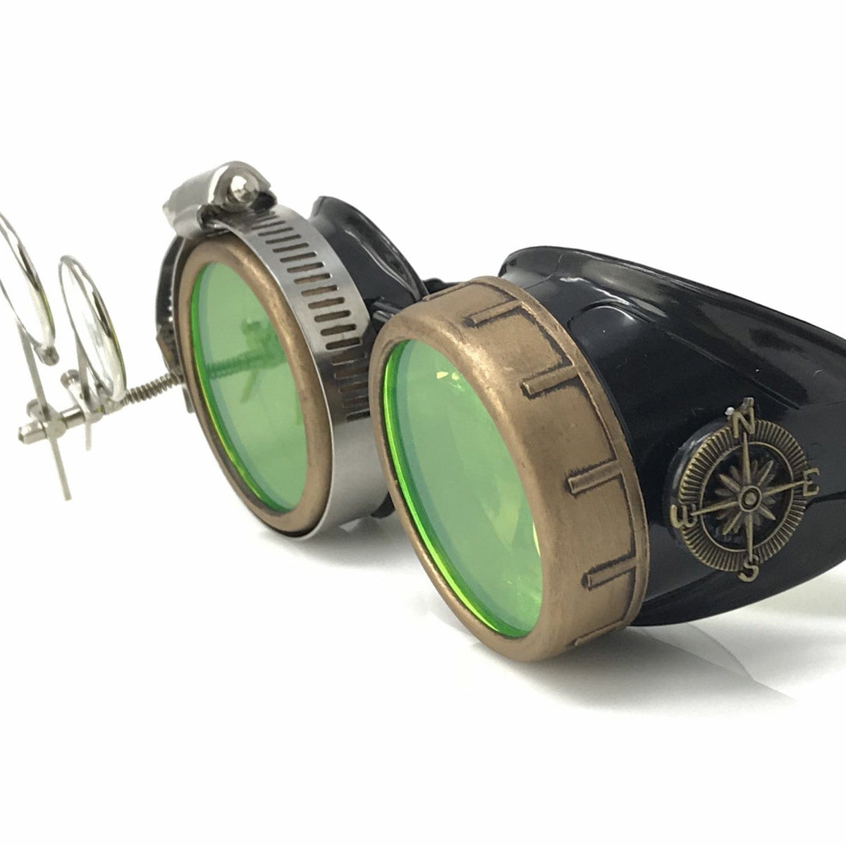  Steampunk Goggles with magnifying loupes UV glow neon green lenses 