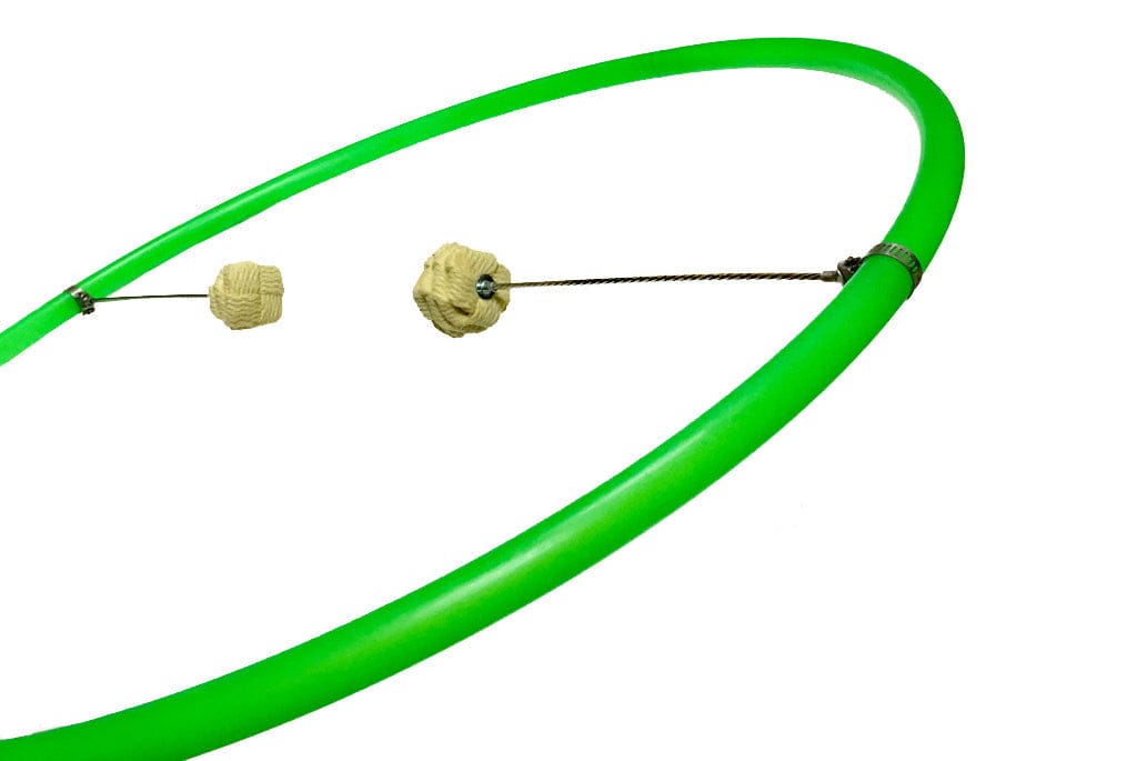  Angled perspective of green fire hoop with fire wicks. 