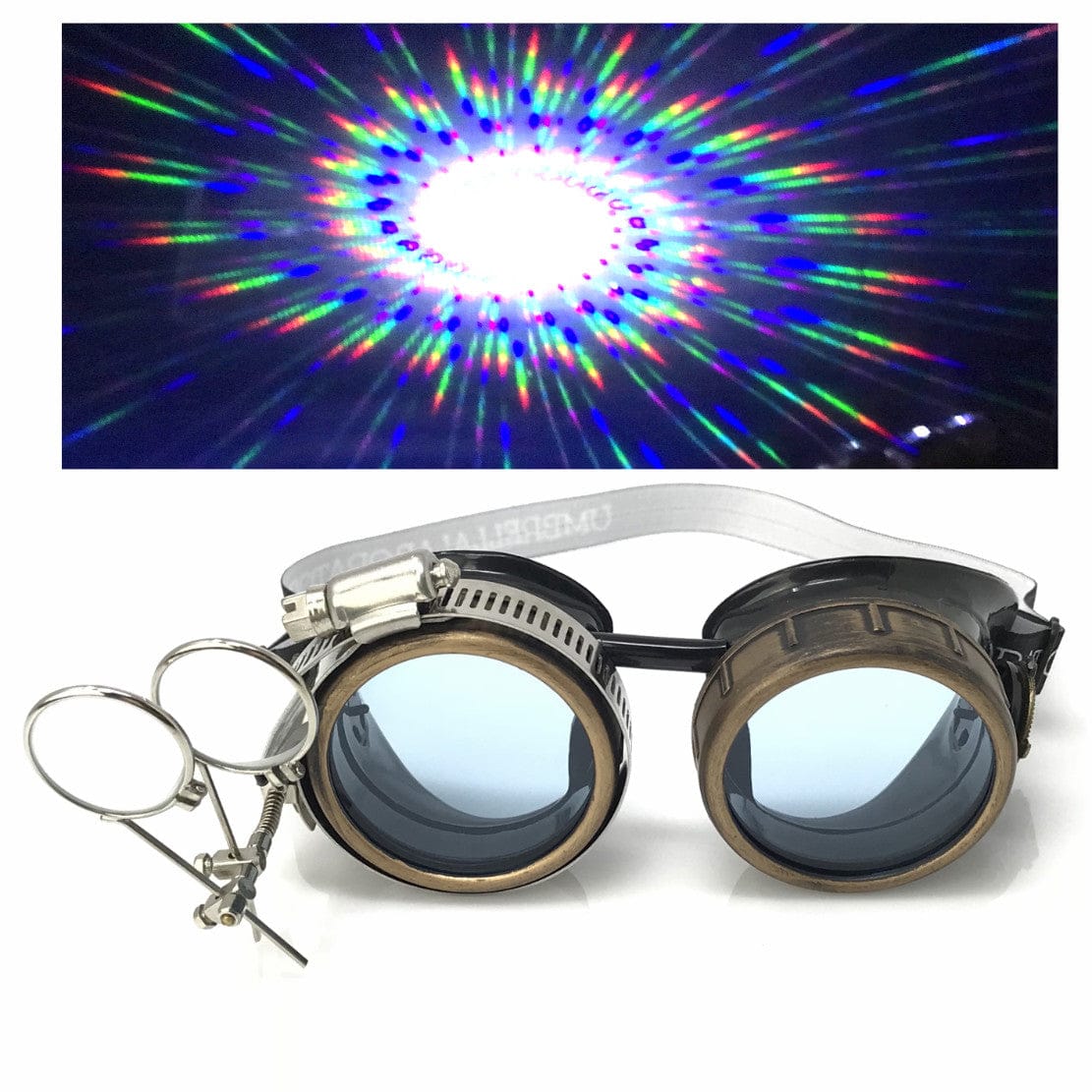  Steampunk Goggles with magnifying loupes UV glow neon blue spiral diffraction lenses 