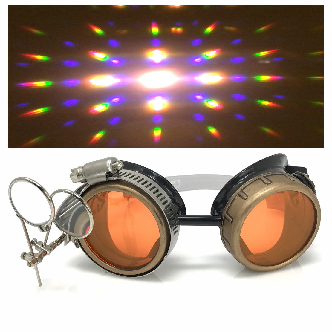  Steampunk Goggles with magnifying loupes UV glow neon orange prism diffraction lenses 