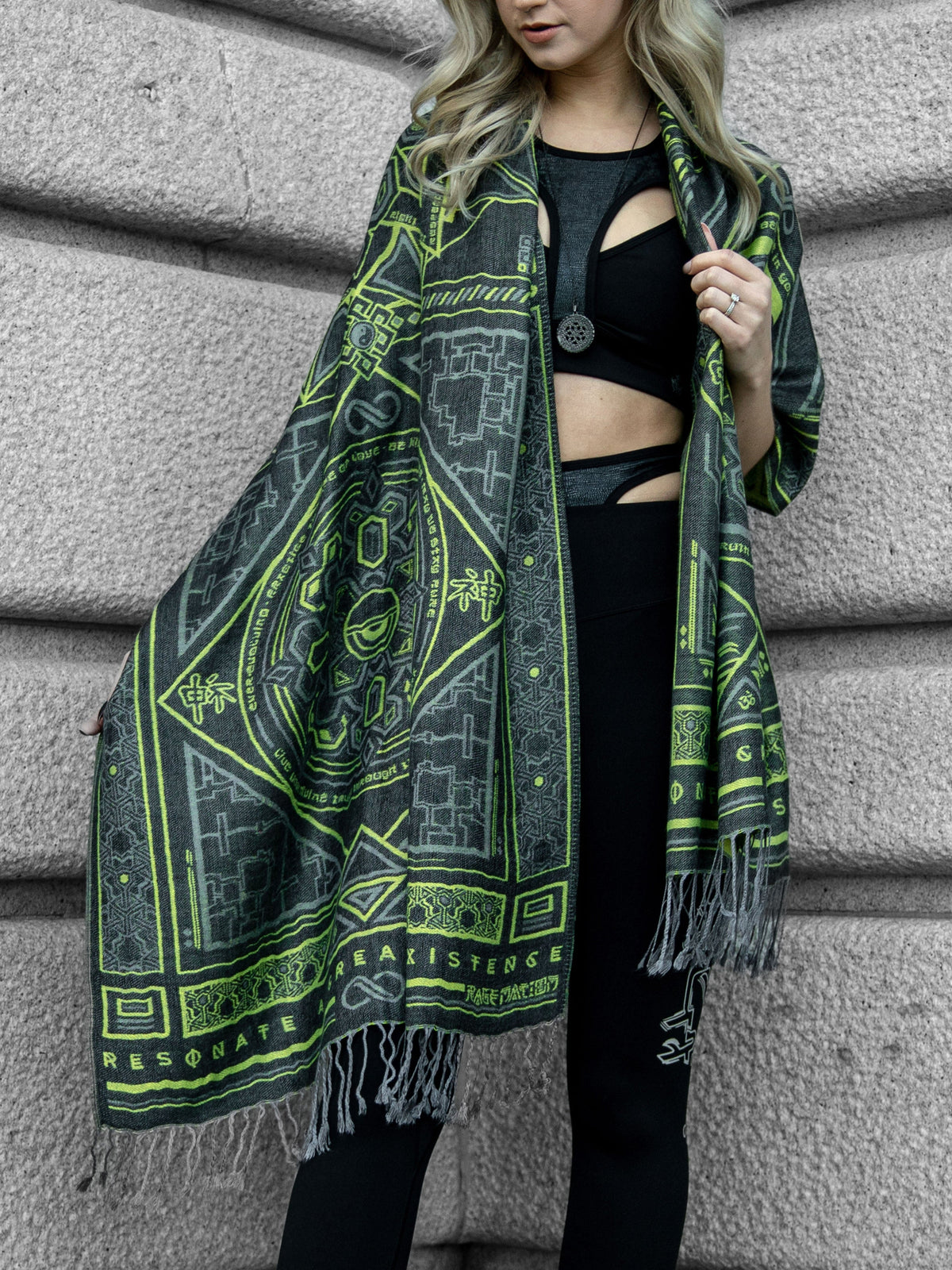 DHARMA V2 • Grey / Neon Yellow • UV REACTIVE • Festival Shawl/Scarf