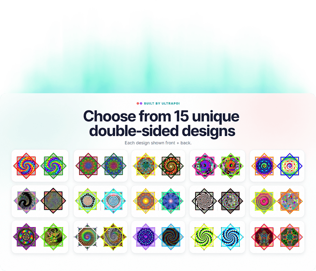 Fifteen unique double-sided Flow Star designs shown front and back