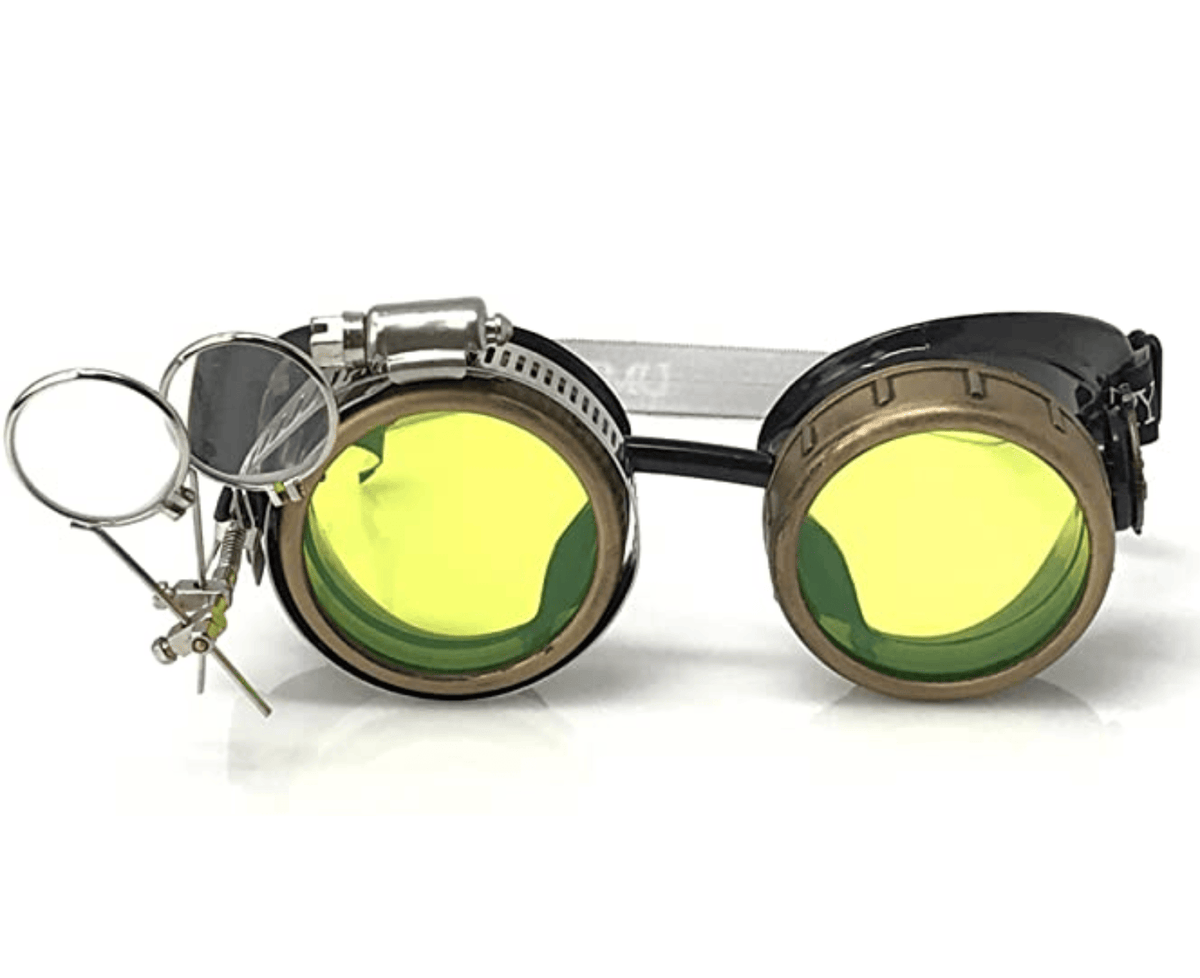  Steampunk Goggles with magnifying loupes UV glow neon green prism diffraction lenses 