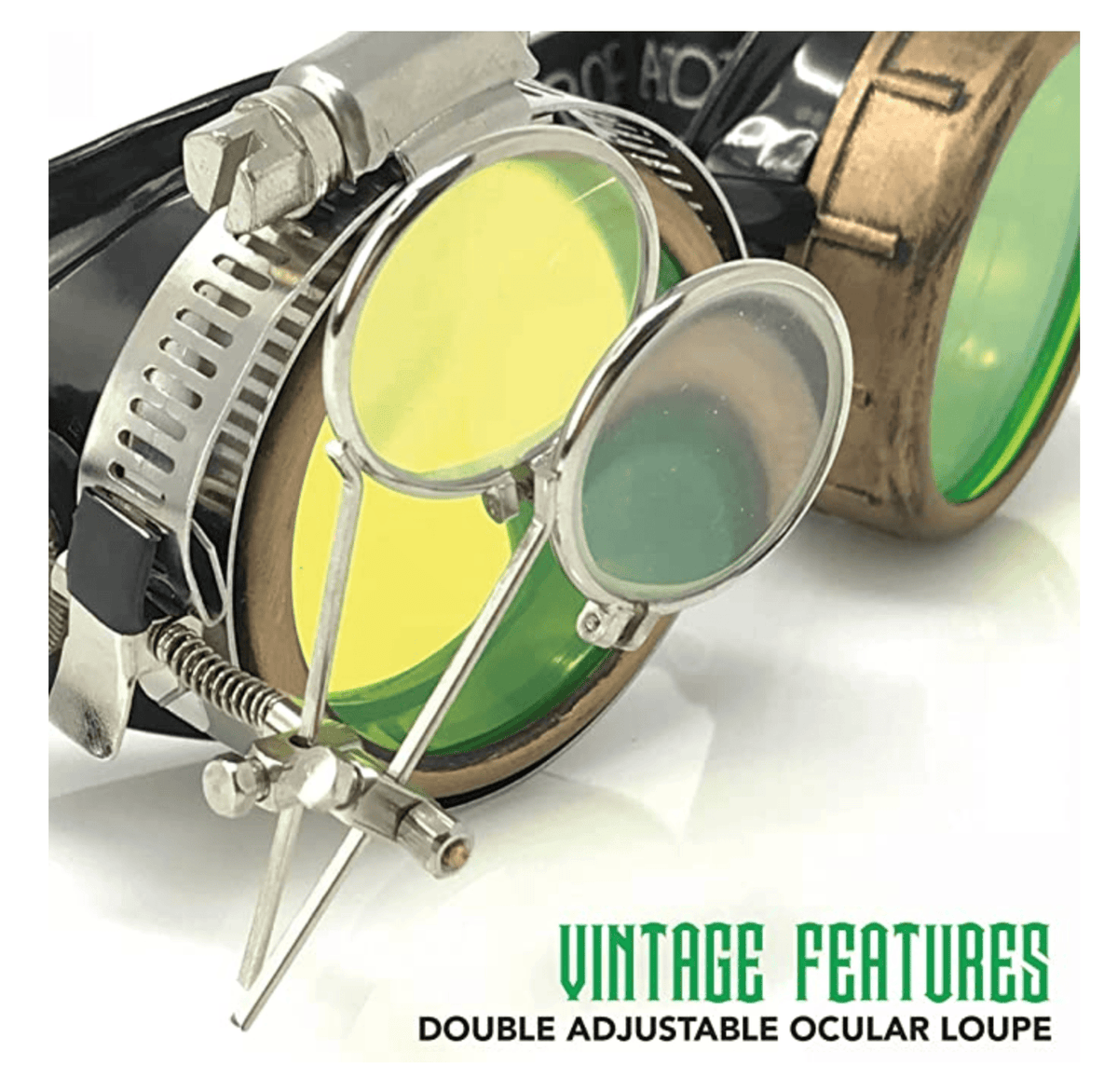  Steampunk Goggles with magnifying loupes UV glow neon green prism diffraction lenses 