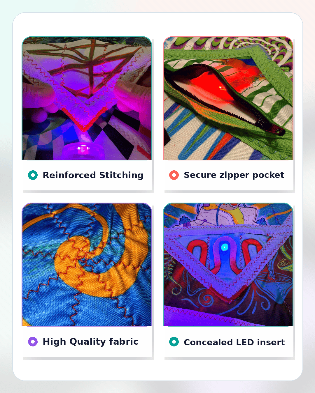 Ultra LED Flow Star construction details including stitching, zipper pocket, fabric, and LED insert