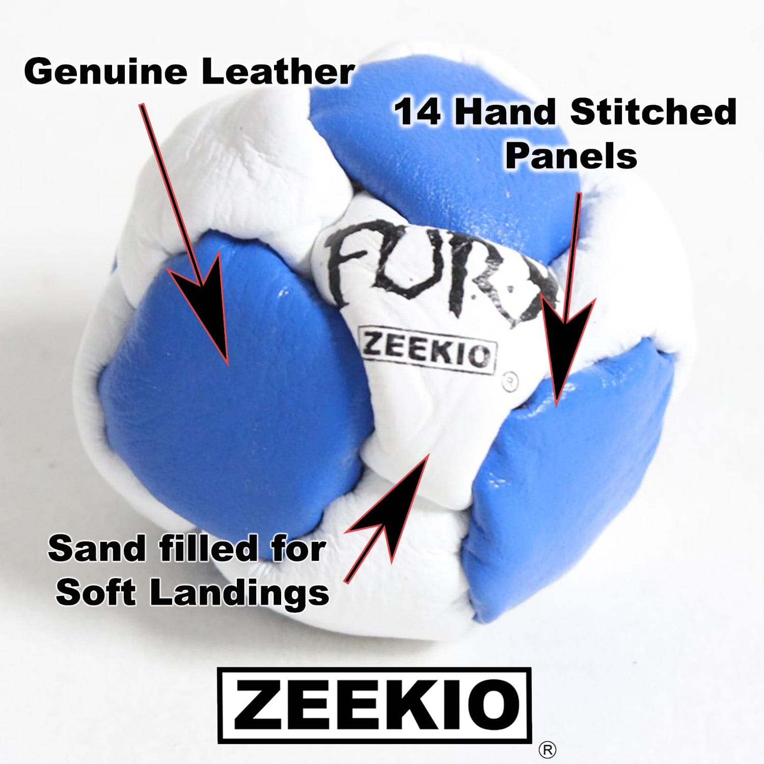  The Fury Footbag - Genuine Leather - 14 Panel Hand Stitched - Sand filled Hacky Sack 